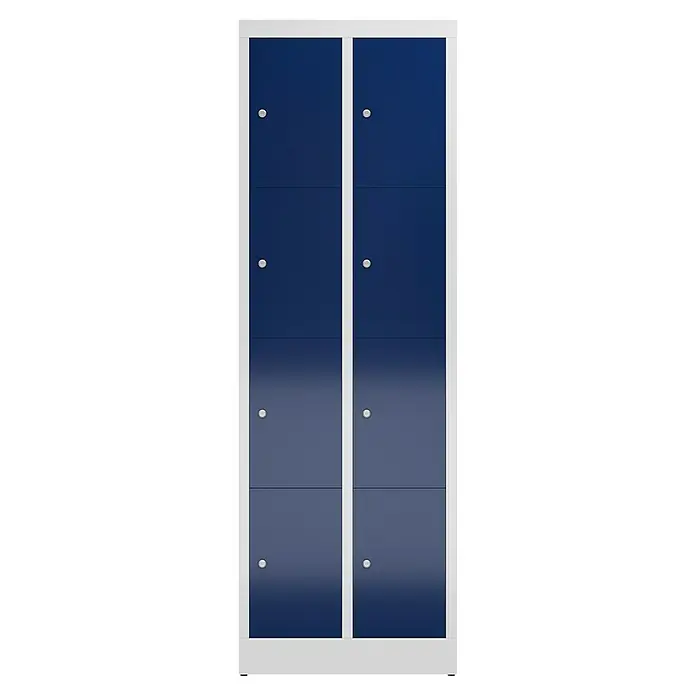 Lüllmann ClassiX Schließfachschrank - H x B x T: 180 x 59 x 50 cm, Lichtgrau/Enzianblau, Fertig montiert, Anzahl Fächer: 8 Stk. - Blauer Spind mit vier Fächern in einem weißen Rahmen. Ideal für Büro oder Schule, bietet Stauraum und eine moderne Optik.
