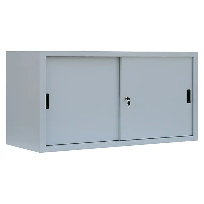 Lüllmann Schiebetür Schrank - H x B x T: 75 x 160 x 45 cm, Lichtgrau, Fertig montiert, Anzahl Böden: 1 Stk. - Ein grauer Aktenschrank mit Schiebetüren und einem Schloss, ideal für Büro oder Arbeitszimmer zur sicheren Aufbewahrung von Dokumenten.