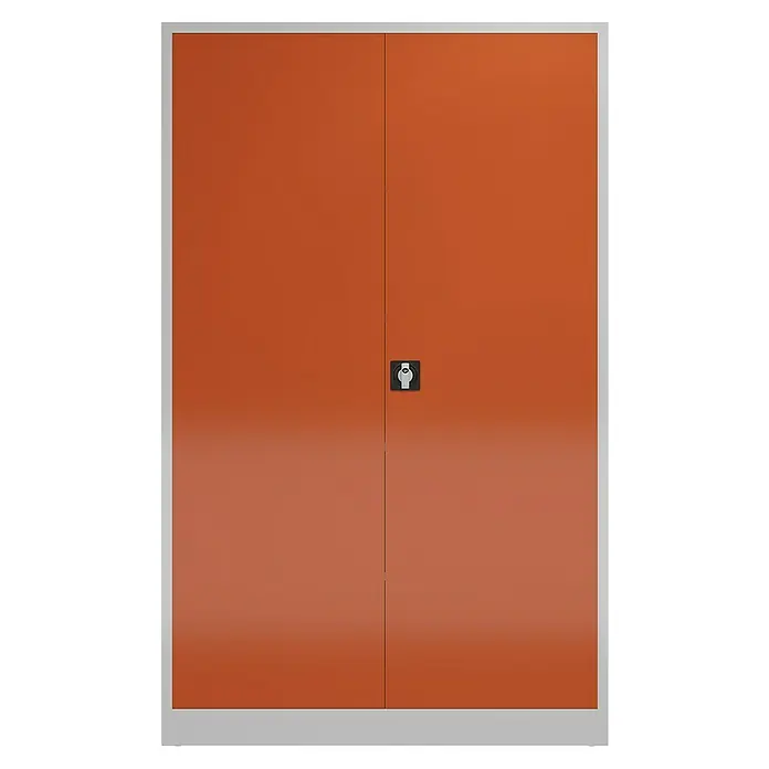 Lüllmann ClassiX Metall-Mehrzweckschrank - H x B x T: 194,5 x 120 x 42 cm, Lichtgrau/Feuerrot, Fertig montiert, Anzahl Böden: 4 Stk. - Dieser Schrank mit orangefarbenen Türen und einem Drehgriffschloss ist ein Highlight. Perfekt für Büro oder Werkstatt.