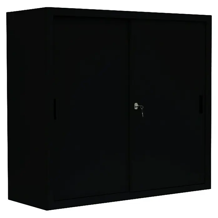 Lüllmann Schiebetür Schrank - H x B x T: 109 x 120 x 45 cm, Tiefschwarz, Fertig montiert, Anzahl Böden: 2 Stk. - Schwarzer abschließbarer Aktenschrank mit Schiebetüren und Schlüssel für die sichere Aufbewahrung von Dokumenten und Büromaterialien.