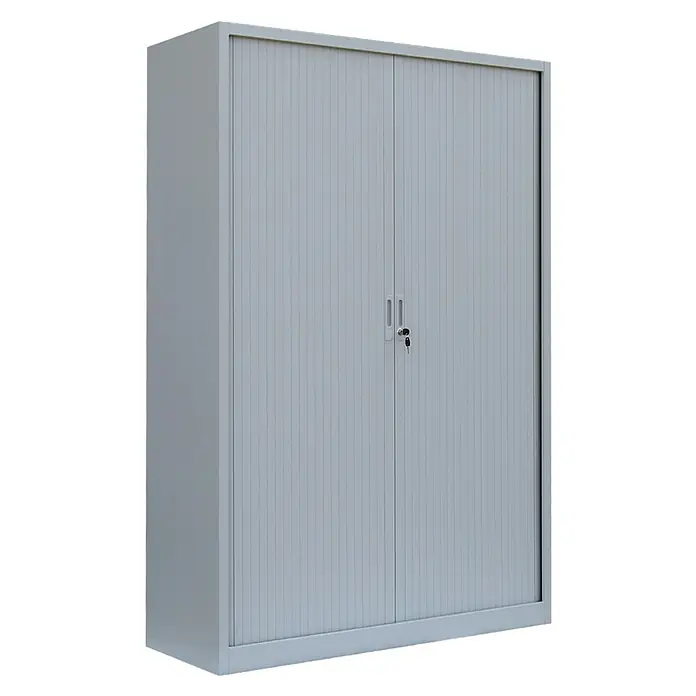 Lüllmann Rollladenschrank - H x B x T: 195 x 120 x 45,7 cm, Lichtgrau, Fertig montiert, Anzahl Böden: 4 Stk. - Grauer Rolladenschrank mit zwei Türen und einem Schloss, ideal für Büro oder Werkstatt zur sicheren Aufbewahrung von Dokumenten und Werkzeugen.