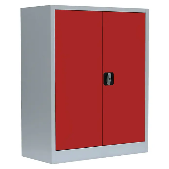 Lüllmann Metall-Mehrzweckschrank - H x B x T: 100 x 80 x 38,3 cm, Lichtgrau/Feuerrot, Fertig montiert, Anzahl Böden: 2 Stk. - Roter Stahlschrank mit zwei Türen und grauem Rahmen für Büro oder Werkstatt. Praktische Aufbewahrungslösung für verschiedene Zwecke.
