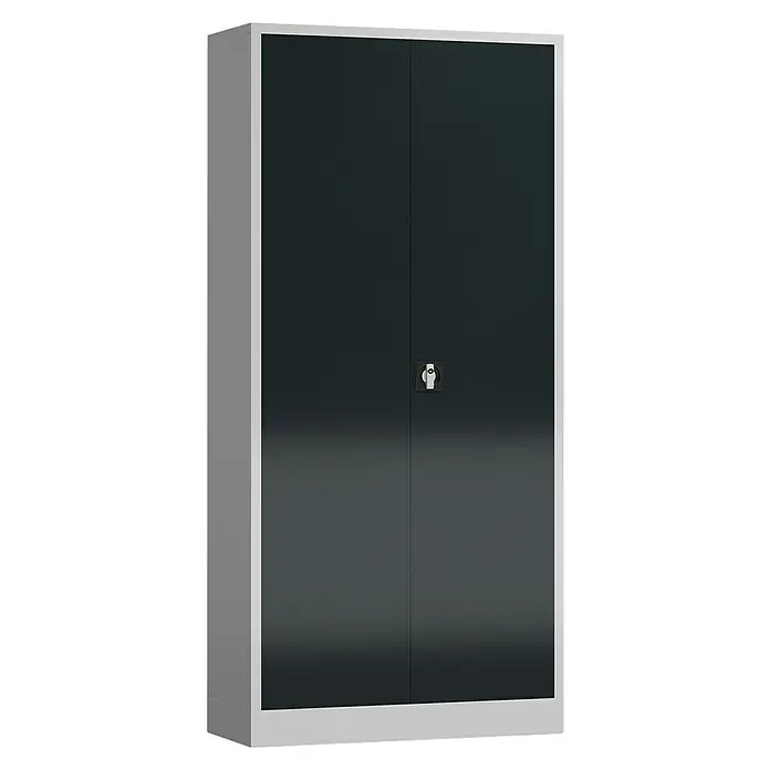 Lüllmann ClassiX Metall-Mehrzweckschrank - H x B x T: 194,5 x 92 x 42 cm, Lichtgrau/Anthrazit, Fertig montiert, Anzahl Böden: 4 Stk. - Grauer Büroschrank mit zwei Türen und einem silbernen Schloss in der Mitte. Der Metallschrank ist robust und bietet viel Stauraum.
