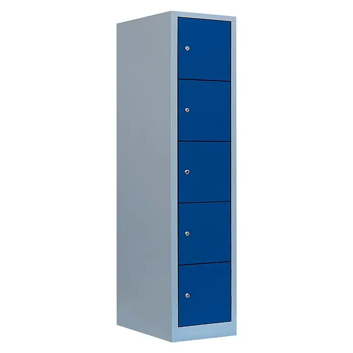 Lüllmann Schließfachschrank - H x B x T: 180 x 41,5 x 50 cm, Lichtgrau/Enzianblau, Fertig montiert, Anzahl Fächer: 5 Stk. - Das Bild zeigt einen schmalen, grauen Spind mit fünf blauen abschließbaren Fächern. Der Spind ist ideal für die Aufbewahrung persönlicher Gegenstände.
