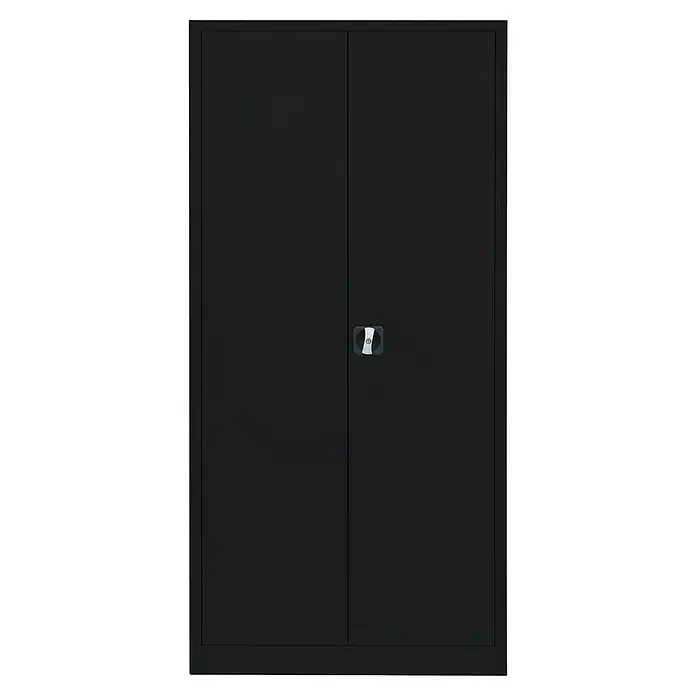 Lüllmann Metall-Mehrzweckschrank - H x B x T: 195 x 92,5 x 42,2 cm, Tiefschwarz, Fertig montiert, Anzahl Böden: 4 Stk. - Ein schwarzer Metallschrank mit zwei Türen und einem mittig angebrachten, silbernen Griff. Perfekt für Büro oder Werkstatt.