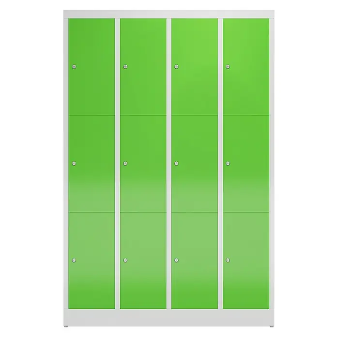 Lüllmann ClassiX Schließfachschrank - H x B x T: 180 x 118,5 x 50 cm, Lichtgrau/Gelbgrün, Fertig montiert, Anzahl Fächer: 12 Stk. - Grüne Spinde mit silbernen Beschlägen in einem weißen Rahmen. Ideal für Schulen oder Umkleideräume, bieten sie sicheren Stauraum.