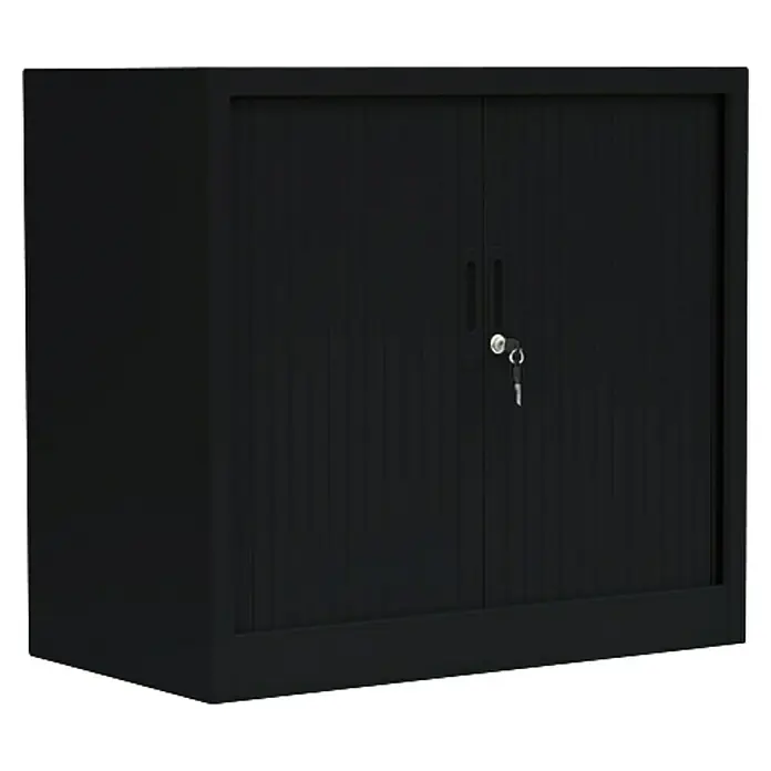 Lüllmann Rollladenschrank - H x B x T: 75 x 80 x 45,7 cm, Tiefschwarz, Fertig montiert, Anzahl Böden: 1 Stk. - Schwarzer Büroschrank mit abschließbaren Türen und Schlüssel für die sichere Aufbewahrung von Dokumenten und Büromaterial.