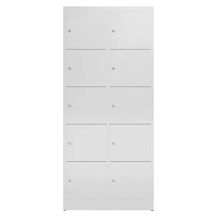 Lüllmann ClassiX Schließfachschrank - H x B x T: 180 x 80 x 50 cm, Lichtgrau, Fertig montiert, Anzahl Fächer: 10 Stk. - Schrank mit acht weißen Fächern und Drehriegelverschlüssen, ideal für Schulen, Umkleideräume oder Fitnessstudios. Robuste Stahlkonstruktion für hohe Beanspruchung.