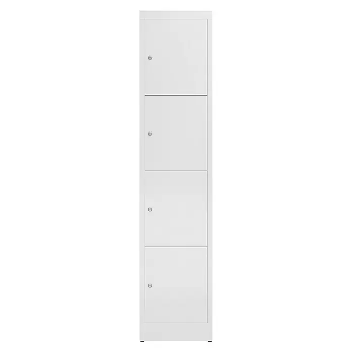 Lüllmann ClassiX Schließfachschrank - H x B x T: 180 x 41,5 x 50 cm, Signalweiß, Fertig montiert, Anzahl Fächer: 4 Stk. - Aufnahme eines weißen Schranks mit vier Türen und silbernen Griffen. Ideal zur Aufbewahrung von Gegenständen im Büro oder zu Hause.
