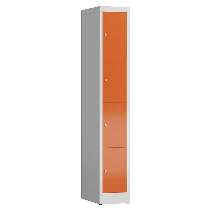 Lüllmann ClassiX Schließfachschrank - H x B x T: 180 x 31 x 50 cm, Lichtgrau/Feuerrot, Fertig montiert, Anzahl Fächer: 4 Stk. - Abbildung eines schmalen, grauen und orangefarbenen Metallschließfachs mit vier Türen, ideal zur Aufbewahrung.