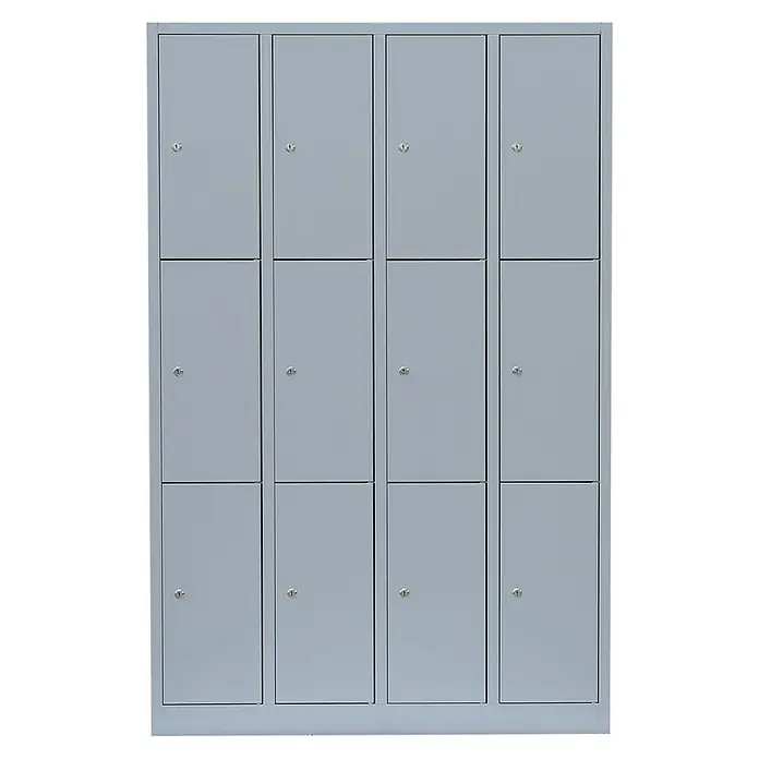 Lüllmann Schließfachschrank - H x B x T: 180 x 117 x 50 cm, Lichtgrau, Fertig montiert, Anzahl Fächer: 12 Stk. - Aufnahme eines grauen Schranksystems mit mehreren Fächern und Schlüsselschlössern zur sicheren Aufbewahrung.