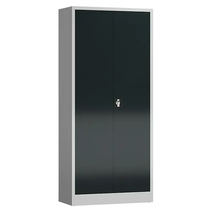 Lüllmann ClassiX Metall-Mehrzweckschrank - H x B x T: 180 x 80 x 38 cm, Lichtgrau/Anthrazit, Fertig montiert, Anzahl Böden: 3 Stk. - Abbildung eines grauen Aktenschranks mit zwei Türen und einem Schloss. Ideal für die Aufbewahrung von Dokumenten im Büro.