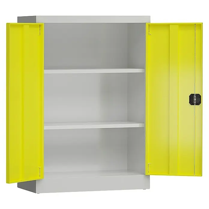 Lüllmann ClassiX Metall-Mehrzweckschrank - H x B x T: 120 x 92 x 42 cm, Lichtgrau/Zinkgelb, Fertig montiert, Anzahl Böden: 2 Stk. - Gelber Lagerschrank mit zwei Regalen. Ideal zur Aufbewahrung von Werkzeugen oder anderen Gegenständen im Büro oder in der Werkstatt.