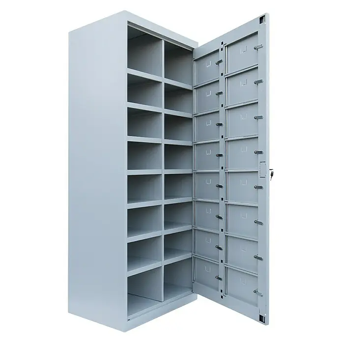Lüllmann Fächerschrank - H x B x T: 180 x 74 x 50 cm, Lichtgrau, Fertig montiert, Anzahl Fächer: 16 Stk. - Grauer Metallschrank mit offenen Fächern und geöffneten Türen. Der Schrank bietet viel Stauraum und ist ideal für Büro oder Lager.