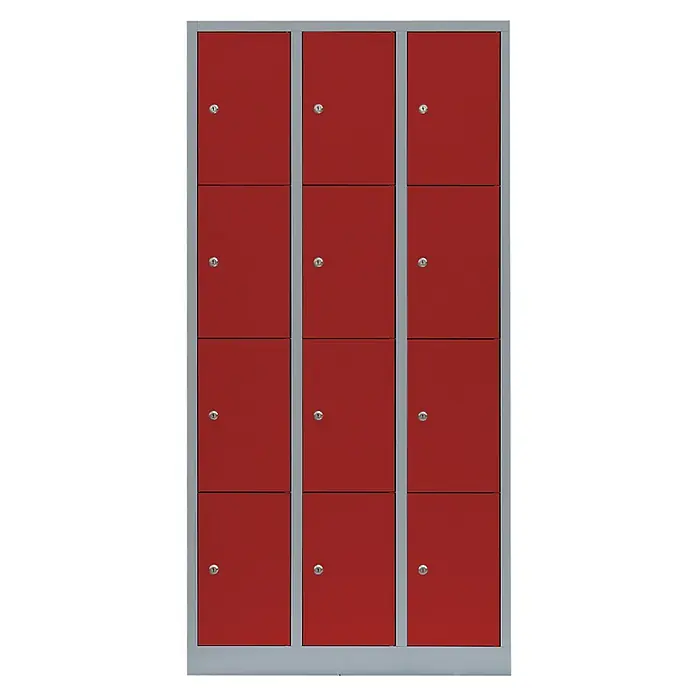 Lüllmann Schließfachschrank - H x B x T: 180 x 88,5 x 50 cm, Lichtgrau/Feuerrot, Fertig montiert, Anzahl Fächer: 12 Stk. - Roter Spindschrank mit zwölf abschließbaren Fächern, ideal für Schulen oder Fitnessstudios. Sichere Aufbewahrung in leuchtendem Design.