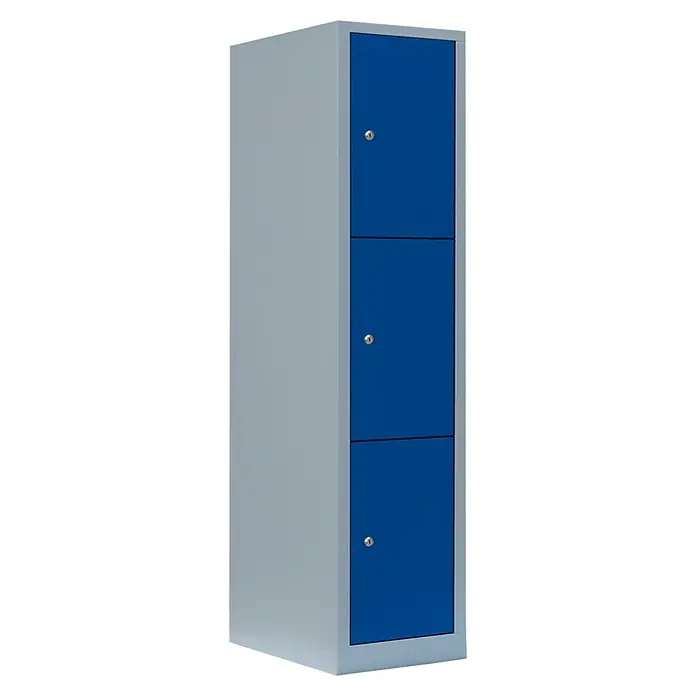 Lüllmann Schließfachschrank - H x B x T: 180 x 41,5 x 50 cm, Lichtgrau/Enzianblau, Fertig montiert, Anzahl Fächer: 3 Stk. - Der abgebildete blaue Spind mit drei Fächern bietet eine robuste Aufbewahrungslösung. Ideal für Schulen oder Fitnessstudios.