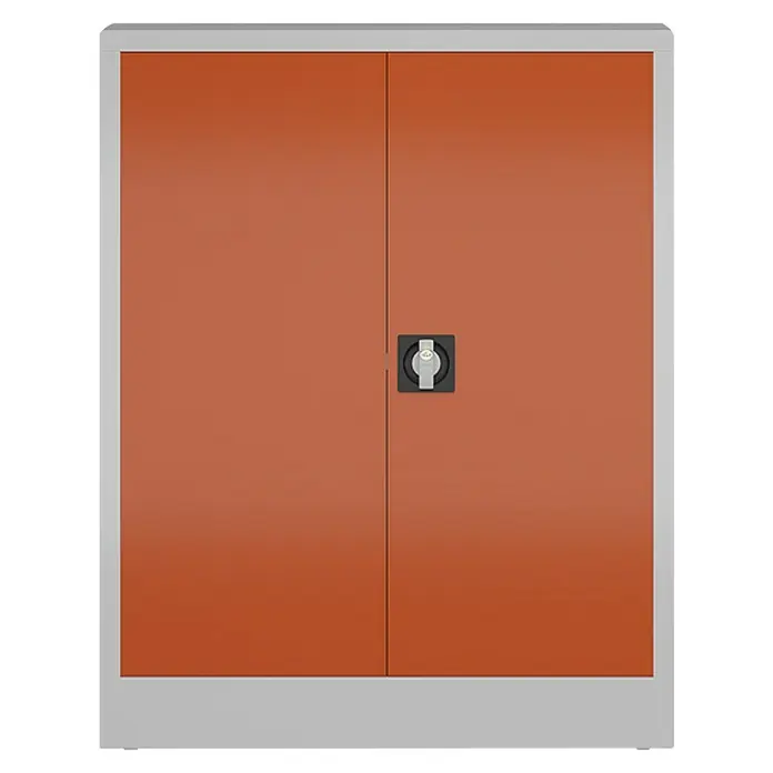 Lüllmann ClassiX Metall-Mehrzweckschrank - H x B x T: 100 x 80 x 38 cm, Lichtgrau/Feuerrot, Fertig montiert, Anzahl Böden: 2 Stk. - Aufnahme eines verschlossenen orangefarbenen Metallschranks mit silberfarbenem Rahmen, der sich ideal zur Aufbewahrung eignet.
