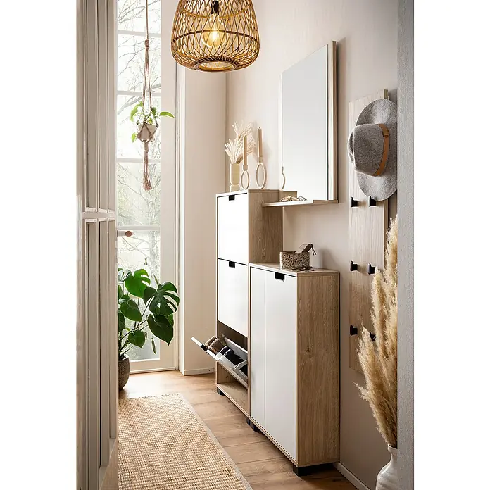 Schildmeyer Emmik Schuhregal - L x B x H: 19,5 x 59,8 x 124 cm, Weiß/Eiche, Anzahl Fächer: 3 Stk. - Einladender Flur mit Schuhschrank in Holzoptik, Spiegel und stilvoller Dekoration. Die perfekte Kombination aus Funktionalität und Design.