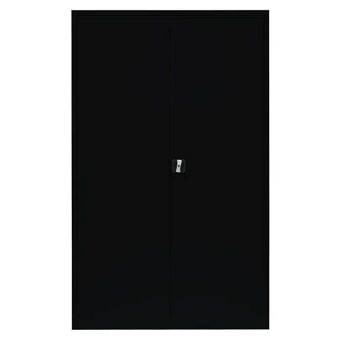 Lüllmann Metall-Mehrzweckschrank - H x B x T: 195 x 120 x 60 cm, Tiefschwarz, Fertig montiert, Anzahl Böden: 4 Stk. - Schwarzer Aktenschrank mit zwei Türen und einem Griff in der Mitte, ideal für Büro oder Arbeitszimmer.