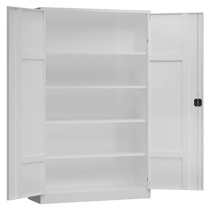 Lüllmann ClassiX Metall-Mehrzweckschrank - H x B x T: 194,5 x 120 x 60 cm, Signalweiß, Fertig montiert, Anzahl Böden: 4 Stk. - Abbildung eines geöffneten, weißen Metallschranks mit mehreren Regalen, ideal zur Aufbewahrung und Organisation verschiedener Gegenstände.