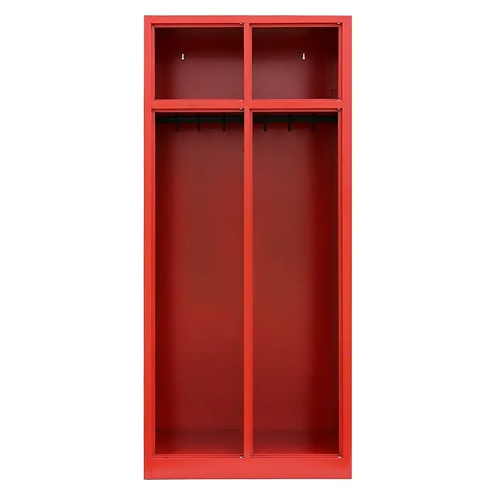 Lüllmann Feuerwehrschrank - H x B x T: 180 x 80 x 50 cm, Feuerrot, Fertig montiert, Anzahl Fächer: 2 Stk. - Roter Metallschrank mit Fächern und Haken. Ideal für die Aufbewahrung von Kleidung und Gegenständen in Umkleideräumen oder Werkstätten.