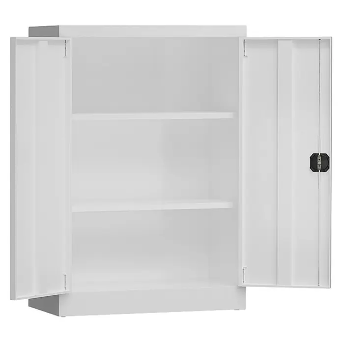 Lüllmann ClassiX Metall-Mehrzweckschrank - H x B x T: 120 x 92 x 42 cm, Signalweiß, Fertig montiert, Anzahl Böden: 2 Stk. - Weißer Metallschrank mit zwei offenen Türen und zwei Regalen. Ideal für Büro oder Werkstatt zur sicheren Aufbewahrung von Gegenständen.