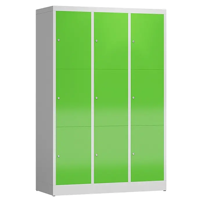 Lüllmann ClassiX Schließfachschrank - H x B x T: 180 x 118,5 x 50 cm, Lichtgrau/Gelbgrün, Fertig montiert, Anzahl Fächer: 9 Stk. - Schränke mit drei Abteilen in Grün und Grau, ideal zur Aufbewahrung in Schulen oder Büros. Robust und platzsparend.