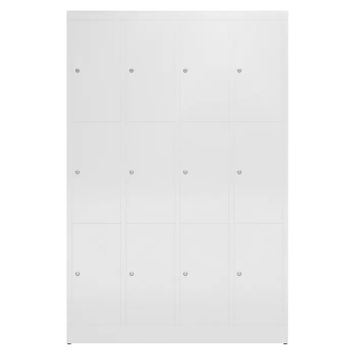 Lüllmann ClassiX Schließfachschrank - H x B x T: 180 x 118,5 x 50 cm, Signalweiß, Fertig montiert, Anzahl Fächer: 12 Stk. - Ein weißer Spindschrank mit sechzehn Fächern und silbernen Griffen, ideal für die Aufbewahrung in Büros oder Schulen.