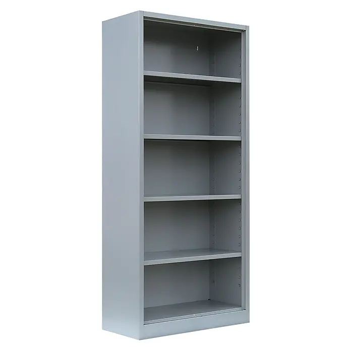 Lüllmann Aktenregal - H x B x T: 180 x 80 x 38,3 cm, Traglast pro Boden: 65 kg, Anzahl Böden: 4 Stk., Lichtgrau - Bild eines grauen Metallbüroschranks mit fünf Regalen.