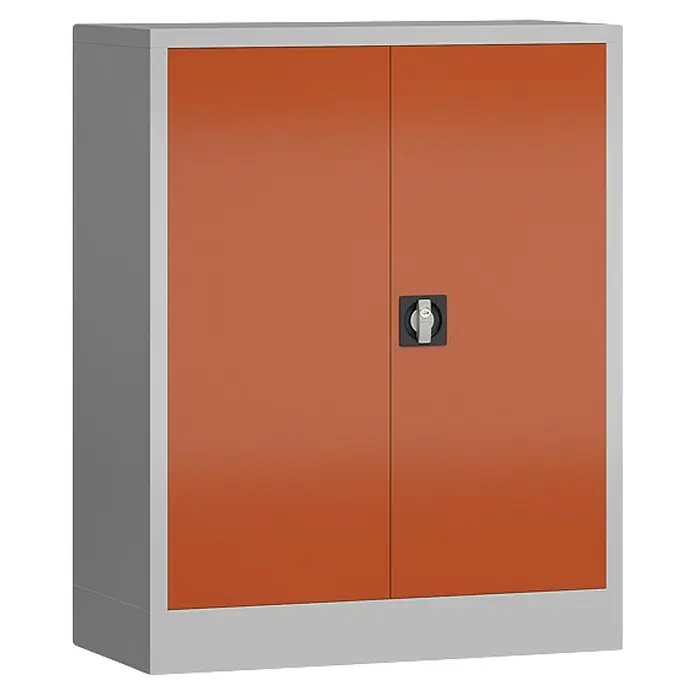 Lüllmann ClassiX Metall-Mehrzweckschrank - H x B x T: 100 x 80 x 38 cm, Lichtgrau/Feuerrot, Fertig montiert, Anzahl Böden: 2 Stk. - Ein robuster, orangefarbener Stahlschrank mit zwei Türen und abschließbarem Griff, ideal für Werkstatt oder Büro.