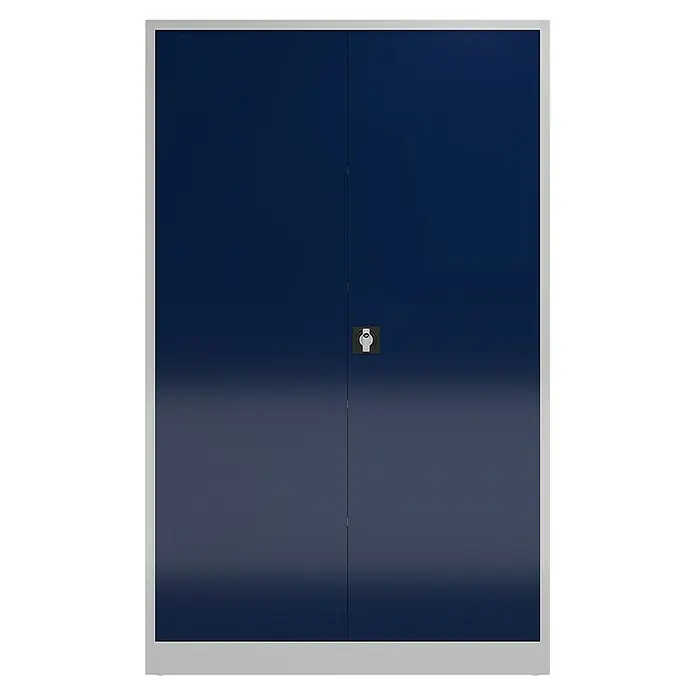 Lüllmann ClassiX Metall-Mehrzweckschrank - H x B x T: 194,5 x 120 x 42 cm, Lichtgrau/Enzianblau, Fertig montiert, Anzahl Böden: 4 Stk. - Ein blauer Büroschrank mit zwei Türen und einem silbernen Schloss. Der Schrank hat einen hellgrauen Rahmen.