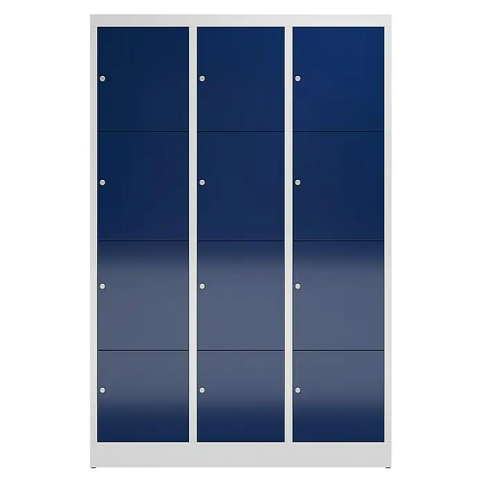 Lüllmann ClassiX Schließfachschrank - H x B x T: 180 x 118,5 x 50 cm, Lichtgrau/Enzianblau, Fertig montiert, Anzahl Fächer: 12 Stk. - Blauer Spindschrank mit zwölf Fächern und weißem Rahmen, ideal für Umkleideräume oder Schulen. Praktische Aufbewahrung in modernem Design.