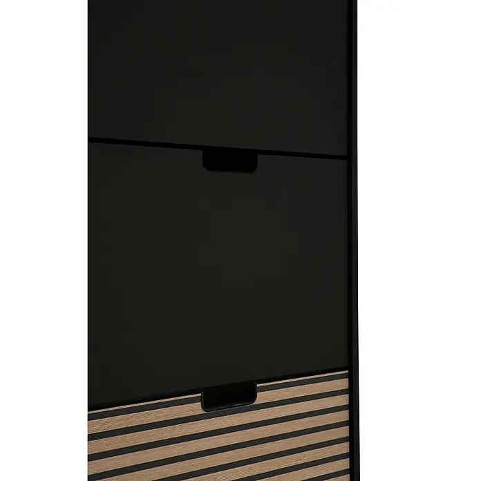 Schildmeyer Ryker Schuhregal - L x B x H: 19,5 x 59,8 x 124 cm, Schwarz, Anzahl Fächer: 3 Stk. - Schwarze Kommode mit Schubladen und einer Schublade mit Holzlamellen. Die Kommode hat schlichte, eingelassene Griffe.