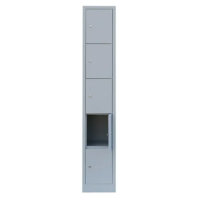 Lüllmann Schließfachschrank - H x B x T: 180 x 31,5 x 50 cm, Lichtgrau, Fertig montiert, Anzahl Fächer: 5 Stk. - Grauer Spindschrank mit fünf Fächern, wobei eine Tür offen steht, ideal für sichere Aufbewahrung.