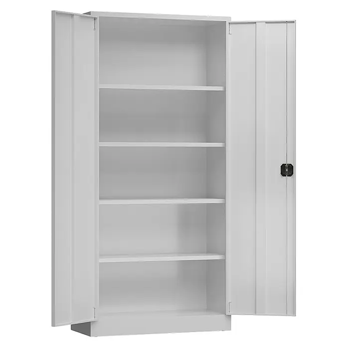 Lüllmann ClassiX Metall-Mehrzweckschrank - H x B x T: 194,5 x 92 x 60 cm, Lichtgrau, Fertig montiert, Anzahl Böden: 4 Stk. - Weißer Metallschrank mit offenen Türen und mehreren Regalen zur Aufbewahrung und Organisation von Gegenständen.