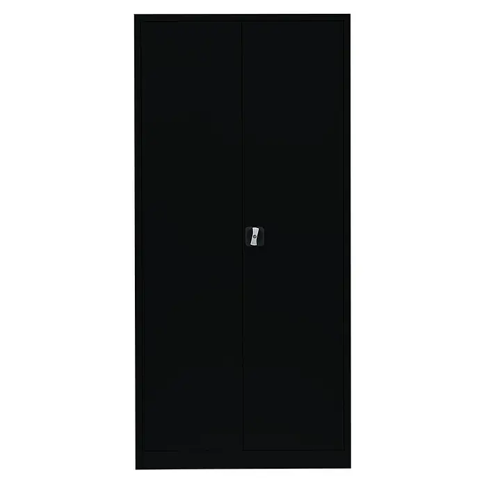 Lüllmann Metall-Mehrzweckschrank - H x B x T: 195 x 92,5 x 50 cm, Tiefschwarz, Fertig montiert, Anzahl Böden: 4 Stk. - Schwarzer Büroschrank mit abschließbaren Türen und elegantem Design für Büro oder Zuhause.