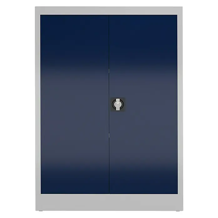 Lüllmann ClassiX Metall-Mehrzweckschrank - H x B x T: 120 x 92 x 42 cm, Lichtgrau/Enzianblau, Fertig montiert, Anzahl Böden: 2 Stk. - Eine Nahaufnahme eines blauen Aktenschranks mit silbernem Rahmen und einem Schloss in der Mitte.