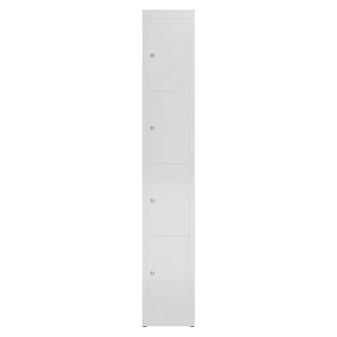 Lüllmann ClassiX Schließfachschrank - H x B x T: 180 x 31 x 50 cm, Lichtgrau, Fertig montiert, Anzahl Fächer: 4 Stk. - Elegante, weiße Schranktür mit vier Fächern und runden Griffen, ideal für moderne Inneneinrichtungen. Schlichtes Design für jeden Raum.