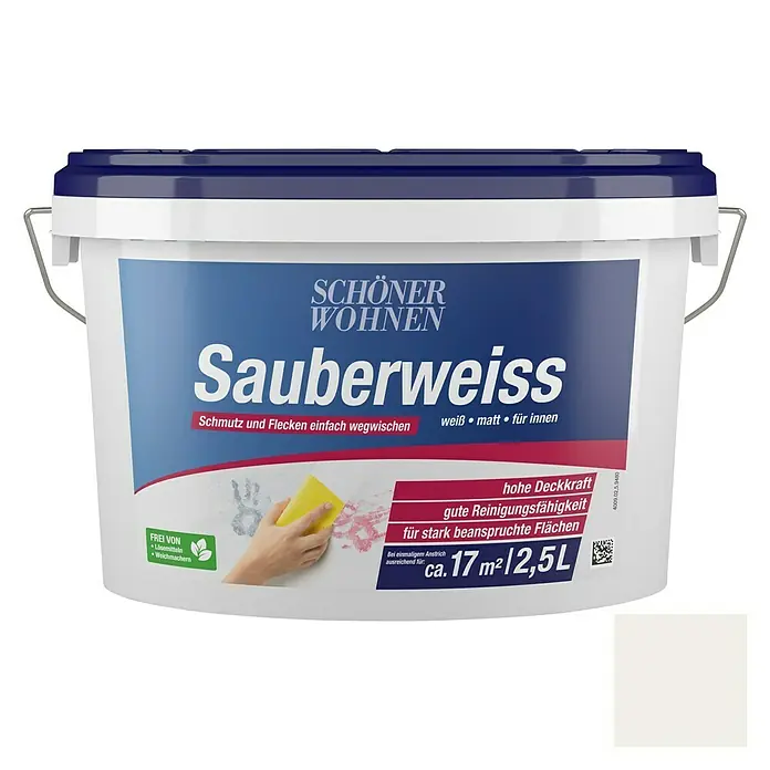 SCHÖNER WOHNEN-Farbe Wandfarbe Sauberweiß - Weiß, 2,5 l, Matt - Abbildung eines Eimers „Schöner Wohnen Sauberweiss“ Innenfarbe, die Schmutz und Flecken leicht entfernt und sich für beanspruchte Flächen eignet.