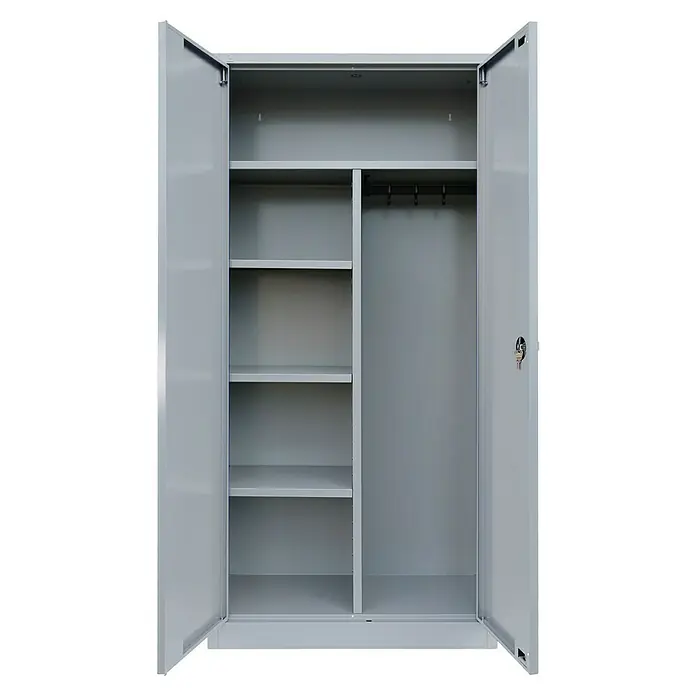 Lüllmann Metall-Mehrzweckschrank - H x B x T: 195 x 92,5 x 42,2 cm, Lichtgrau, Vormontiert, Anzahl Böden: 3 Stk. - Offener grauer Metallschrank mit Regalen und Kleiderstange für übersichtliche Aufbewahrung von Kleidung und Gegenständen.