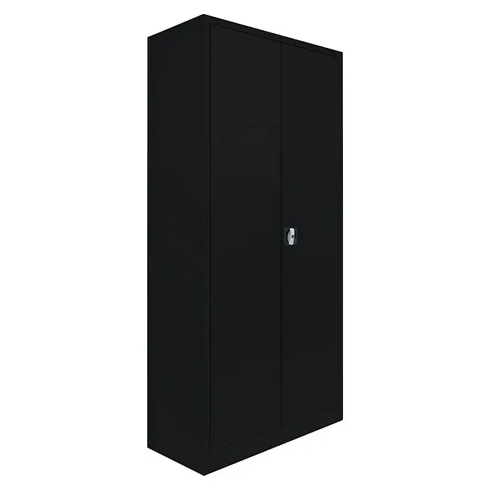 Lüllmann Metall-Mehrzweckschrank - H x B x T: 195 x 92,5 x 42,2 cm, Tiefschwarz, Fertig montiert, Anzahl Böden: 4 Stk. - Schwarzer zweitüriger Stahlschrank für Büro oder Werkstatt zur sicheren Aufbewahrung von Dokumenten und Werkzeugen.