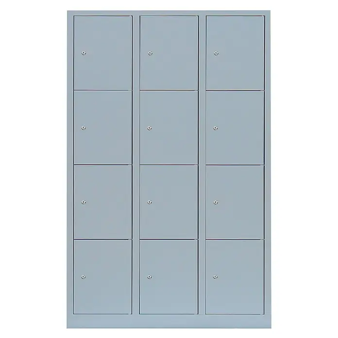 Lüllmann Schließfachschrank - H x B x T: 180 x 118,5 x 50 cm, Lichtgrau, Fertig montiert, Anzahl Fächer: 12 Stk. - Grauer Schrank mit zwölf Fächern und Schlössern. Ideal für die sichere Aufbewahrung persönlicher Gegenstände.