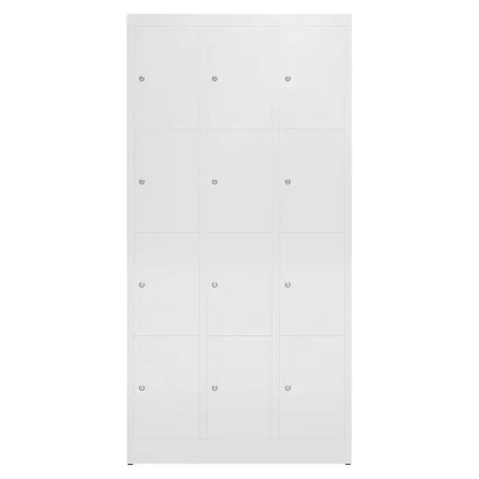 Lüllmann ClassiX Schließfachschrank - H x B x T: 180 x 87 x 50 cm, Signalweiß, Fertig montiert, Anzahl Fächer: 12 Stk. - Bild eines weißen Schließfachschranks mit zwölf Fächern, ideal für Schulen oder Umkleideräume, zur sicheren Aufbewahrung persönlicher Gegenstände.