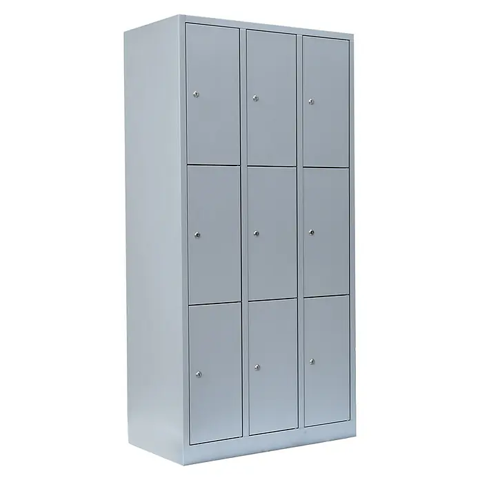 Lüllmann Schließfachschrank - H x B x T: 180 x 88,5 x 50 cm, Lichtgrau, Fertig montiert, Anzahl Fächer: 9 Stk. - Grauer Metallschrank mit neun Fächern und Schlössern, ideal für Schulen, Umkleideräume oder Büros zur sicheren Aufbewahrung persönlicher Gegenstände.