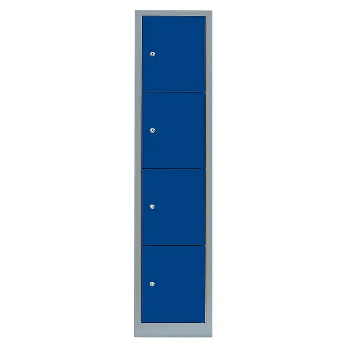 Lüllmann Schließfachschrank - H x B x T: 180 x 41,5 x 50 cm, Lichtgrau/Enzianblau, Fertig montiert, Anzahl Fächer: 4 Stk. - Schmaler, blauer Spind mit vier Fächern, ideal für Umkleideräume, Schulen oder Büros, bietet sichere Aufbewahrungsmöglichkeiten.