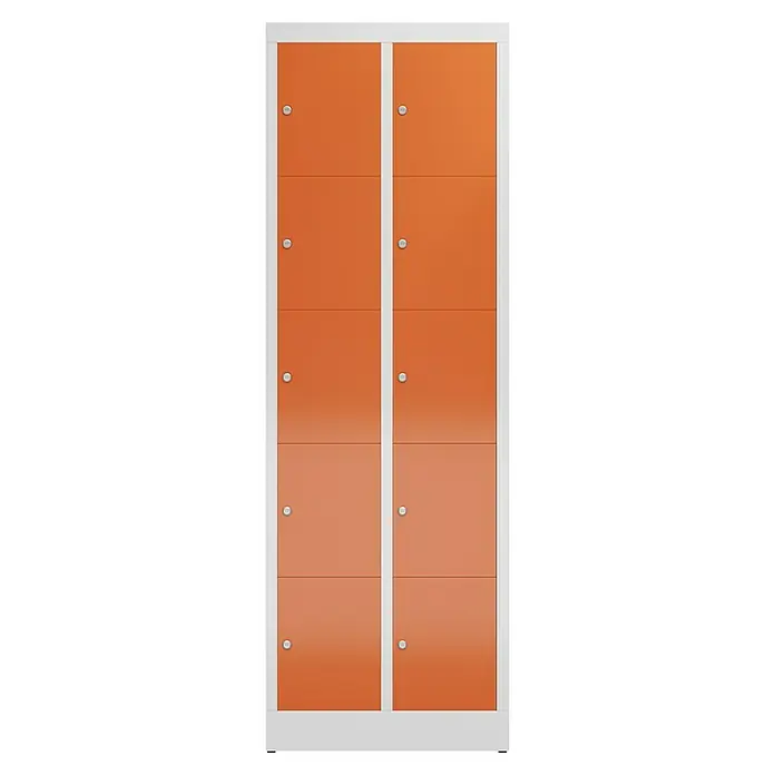 Lüllmann ClassiX Schließfachschrank - H x B x T: 180 x 59 x 50 cm, Lichtgrau/Feuerrot, Fertig montiert, Anzahl Fächer: 10 Stk. - Ein Schrank mit orangefarbenen Türen und einem weißen Rahmen ist abgebildet. Der Schrank besteht aus mehreren Fächern mit je einem Griff.