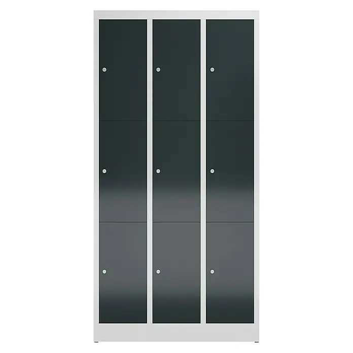 Lüllmann ClassiX Schließfachschrank - H x B x T: 180 x 87 x 50 cm, Lichtgrau/Anthrazit, Fertig montiert, Anzahl Fächer: 9 Stk. - Grauer Spindschrank mit neun Fächern und weißen Rahmen. Ideal zur sicheren Aufbewahrung von persönlichen Gegenständen im Büro oder Sportstudio.
