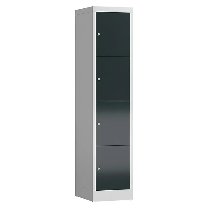 Lüllmann ClassiX Schließfachschrank - H x B x T: 180 x 41,5 x 50 cm, Lichtgrau/Anthrazit, Fertig montiert, Anzahl Fächer: 4 Stk. - Ein schmaler, grauer Spind mit vier abschließbaren Fächern. Praktisch für Büro, Schule oder Umkleideräume, um Sachen sicher zu verstauen.