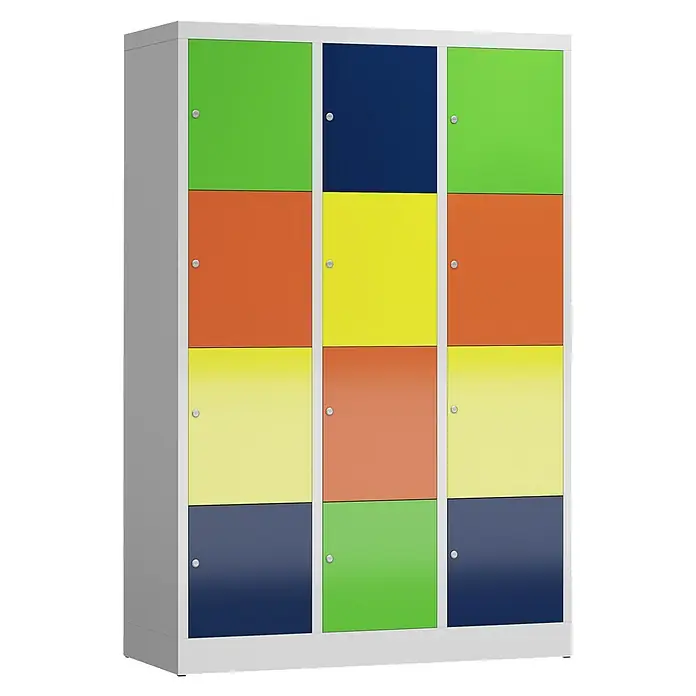 Lüllmann ClassiX Schließfachschrank - H x B x T: 180 x 118,5 x 50 cm, Lichtrgau/Mehrfarbig, Fertig montiert, Anzahl Fächer: 12 Stk. - Bunter Spindschrank mit zwölf Fächern in verschiedenen Farben. Ideal für Schulen, Fitnessstudios und Büros zur sicheren Aufbewahrung.