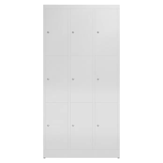 Lüllmann ClassiX Schließfachschrank - H x B x T: 180 x 87 x 50 cm, Lichtgrau, Fertig montiert, Anzahl Fächer: 9 Stk. - Ein weißer Aktenschrank mit neun Fächern, ideal für Büro oder Schule, bietet viel Stauraum und eine übersichtliche Organisation.